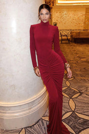 Mock Neck Ruched Long Sleeve Maxi Dress