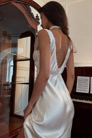 Lace Satin Backless V-Neck Sleeveless Dress