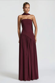 Strapless Scarf Detail Slit Maxi Dress