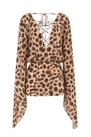 Leopard V Tie Wide Sleeve Flowy Mini Dress