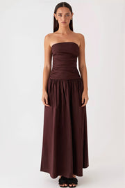 Strapless Ruched Drop-Waist Maxi Dress