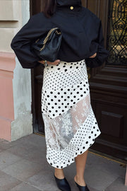 Asymmetric Polk Dots Lace Midi Skirt