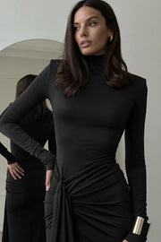 Turtleneck Long-Sleeve Patchwork Lace-Up Maxi Dress