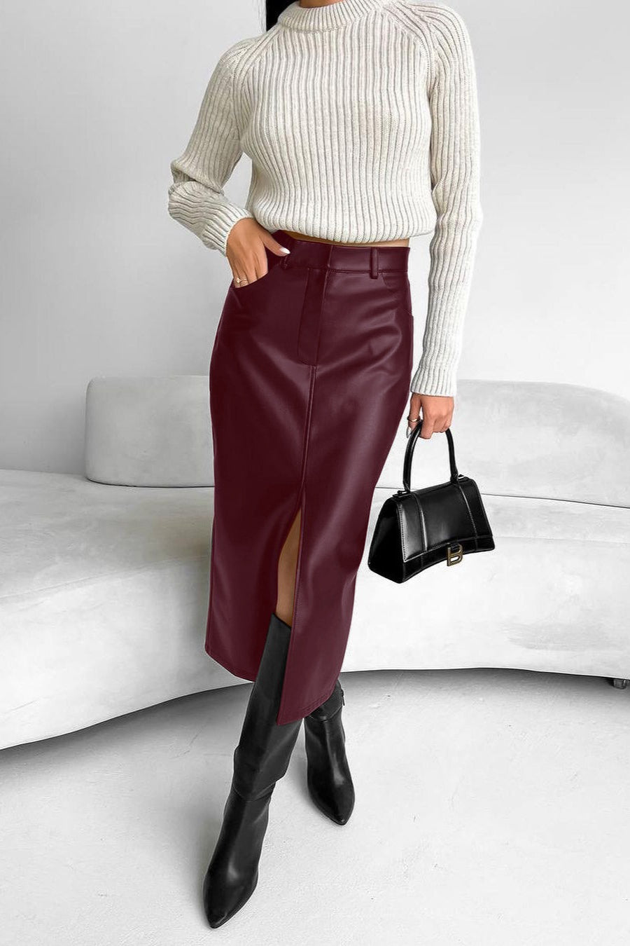 Faux-Leather Front-Slit Skirt