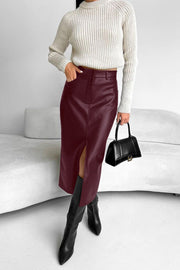 Faux-Leather Front-Slit Skirt