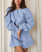 Blue Cotton O-Neck Crop Shorts Office Two Piece Set