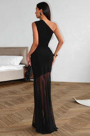 One Shoulder Sheer Mesh Overlay Maxi Dress