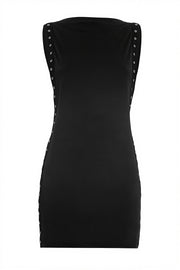 Sexy Eyelet Lace Up Crew Neck Solid Mini Dress