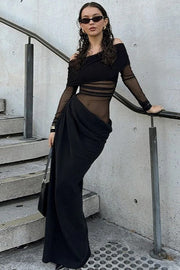 Off Shoulder Sheer Mesh Long Sleeve Maxi Dress