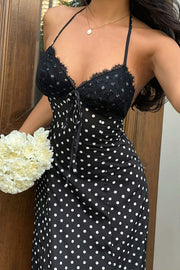 Elegant Polka Dot Halter Lace Spliced Back Tie Slimming Maxi Dress