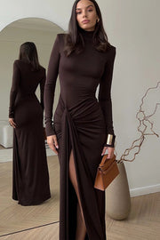 Turtleneck Long-Sleeve Patchwork Lace-Up Maxi Dress