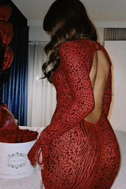 Red Leopard Print Crew Neck Backless Mermaid Maxi Dress