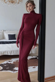 Turtleneck Long-Sleeve Patchwork Lace-Up Maxi Dress