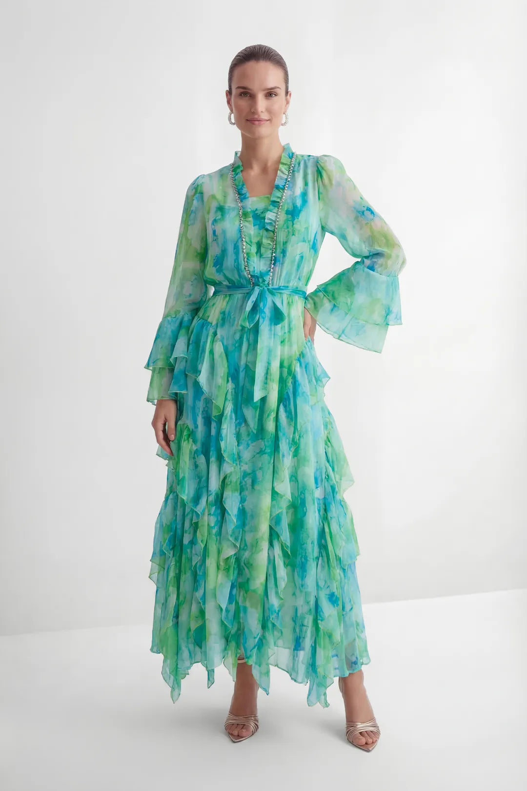 Mint Green Abstract Print Tiered Ruffle Maxi Dress