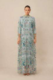 Blue Floral Sequin Cape Maxi Dress