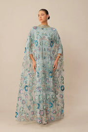 Blue Floral Sequin Cape Maxi Dress