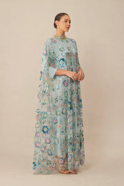 Blue Floral Sequin Cape Maxi Dress