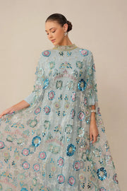 Blue Floral Sequin Cape Maxi Dress