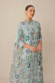 Blue Floral Sequin Cape Maxi Dress