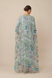 Blue Floral Sequin Cape Maxi Dress