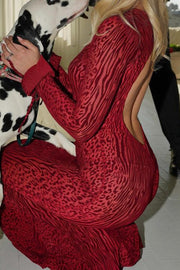 Red Leopard Print Crew Neck Backless Mermaid Maxi Dress
