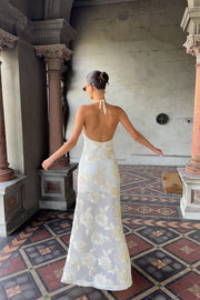 Floral Applique Halter Sheer Hem Maxi Dress