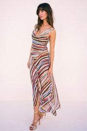 Striped Cowl Neck Asymmetric Midi Dress