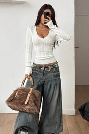 Cable Knit V Neck Fitted Sweater