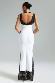 Lace V-Neck Sleeveless Patchwork Fitted Maxi Dress