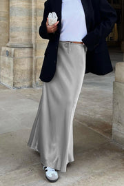 Drawstring Satin Gray Maxi Skirt