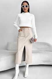 Faux-Leather Front-Slit Skirt