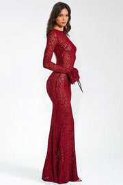 Red Leopard Print Crew Neck Backless Mermaid Maxi Dress