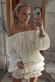 Off Shoulder Ruffle Shiny Fabric Mini Dress