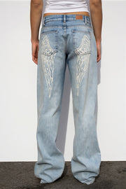 Wings Print Washed Straight Jeans