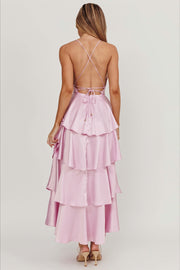 Satin V-Neck Cami Tiered Slim Maxi Dress