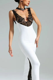 Lace V-Neck Sleeveless Patchwork Fitted Maxi Dress