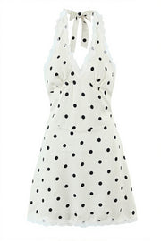 Polka Dot Lace Trim Halter V Neck Mini Dress