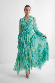 Mint Green Abstract Print Tiered Ruffle Maxi Dress