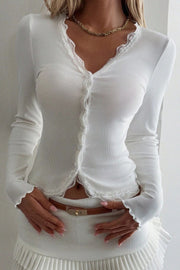 Lace Trim Ribbed V Neck Cardigan