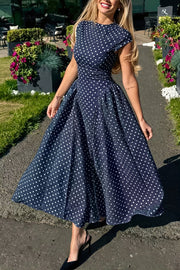 Polka Dot Cap Sleeve A-Line Maxi Dress