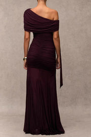 One Shoulder Ruched Mesh Maxi Dress