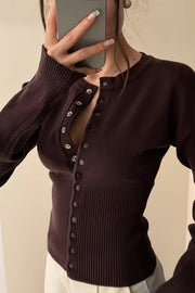 Ribbed Round Neck Fitted Waist Cardigan