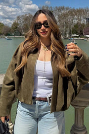 Suede-Look Collared Bomber Jacket