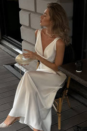 Satin V-Neck Long-Sleeve Sleeveless Fitted Maxi Dress