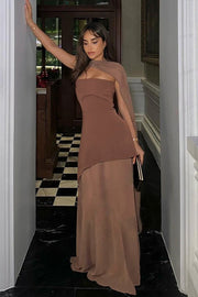 Scarf Neck Strapless Sheer Panel Maxi Dress