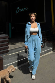 Athletic Velvet Collar Zipper Long Sleeve Two Piece Set