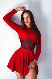Long-Sleeve Patchwork Waist-Defined Mini Dress