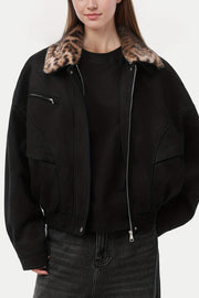 Leopard Fur Collar Barn Jacket