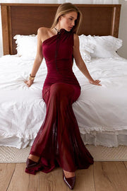 One Shoulder Sheer Mesh Overlay Maxi Dress