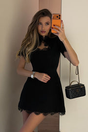 Lace Waist-Defined Solid Cutout A-Line Mini Dress